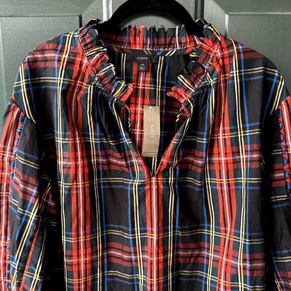 NWT J. Crew Scalloped Tie Neck Top in Stewart Tartan Plaid Sz XS Holiday Preppy - Picture 4 of 9